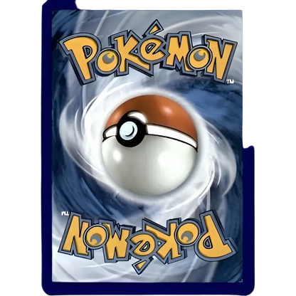 A white and orange poké ball with a black center, set against swirling blue background.
