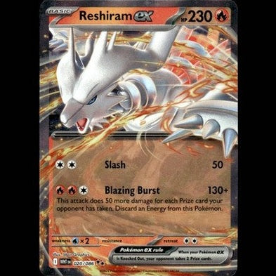 Silver and white reshiram ex pokémon card with fiery orange and red flames swirling around its body.