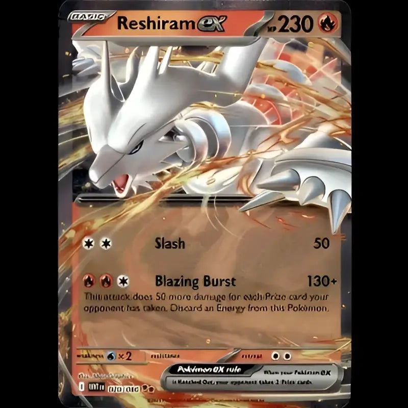 Silver and white reshiram ex pokémon card with fiery orange and red flames swirling around its body.