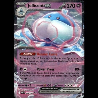The jellicent ex pokémon card features a vibrant blue and white aquatic creature with pink accents, designed in the iconic pokécard style.