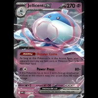 The jellicent ex pokémon card features a vibrant blue and white aquatic creature with pink accents, designed in the iconic pokécard style.