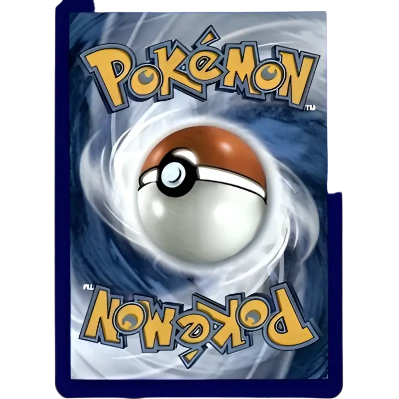 A white and orange poké ball with a black center, set against a swirling blue background.