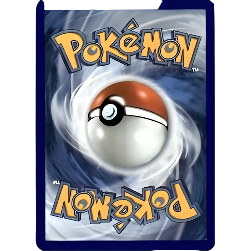 A red and white poké ball centered on a swirling blue background with the yellow ’pokémon’ logo above and below.