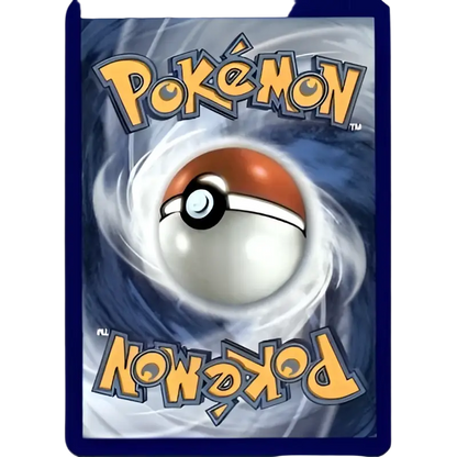 A red and white poké ball centered on a swirling blue background with the yellow ’pokémon’ logo above and below.