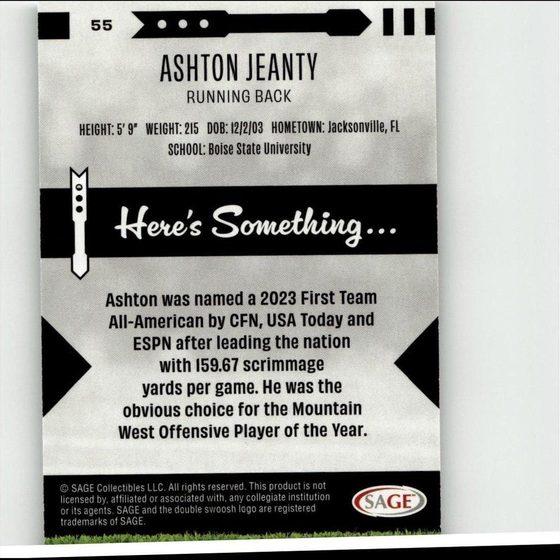 Black and white sports trading card featuring ashton jeanty, running back for boise state university.