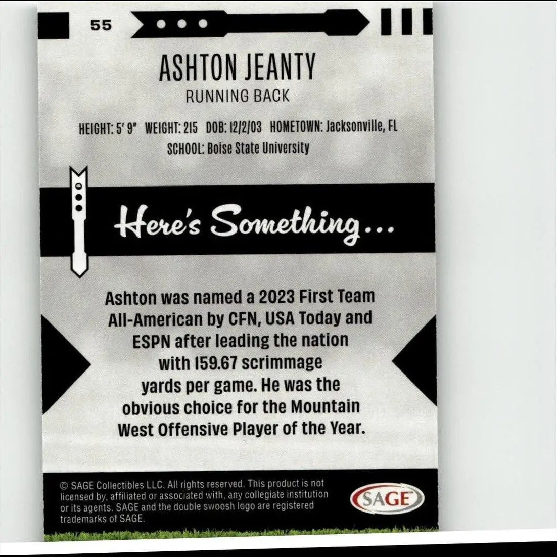Black and white sports trading card featuring ashton jeanty, running back for boise state university.