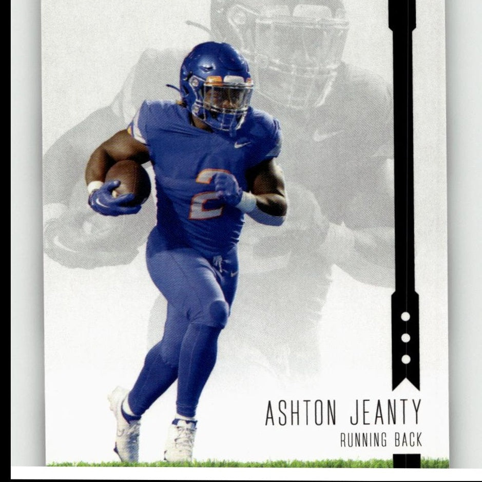 Blue football trading card featuring player ashton jeanty in a running back uniform.