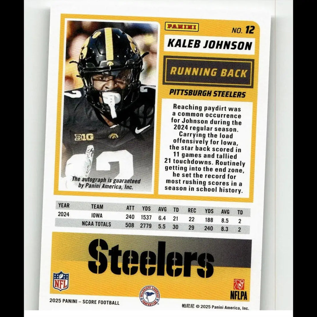 Black and gold 2025 score kaleb johnson football trading card featuring signatures for toys and games collectors