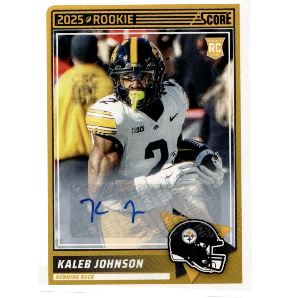 2025 Score #12 Kaleb Johnson Signatures rookie football trading card featuring Iowa Hawkeyes running back in white and gold uniform