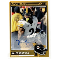2025 Score #12 Kaleb Johnson Signatures rookie football trading card featuring Iowa Hawkeyes running back in white and gold uniform