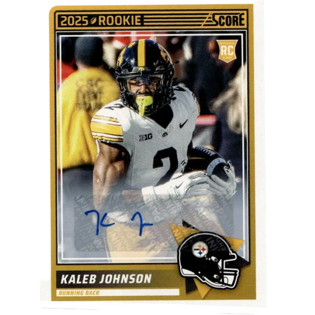 2025 Score #12 Kaleb Johnson Signatures rookie football trading card featuring Iowa Hawkeyes running back in white and gold uniform