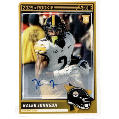 2025 score rookie football trading card featuring kaleb johnson in iowa hawkeyes white and gold uniform with black helmet