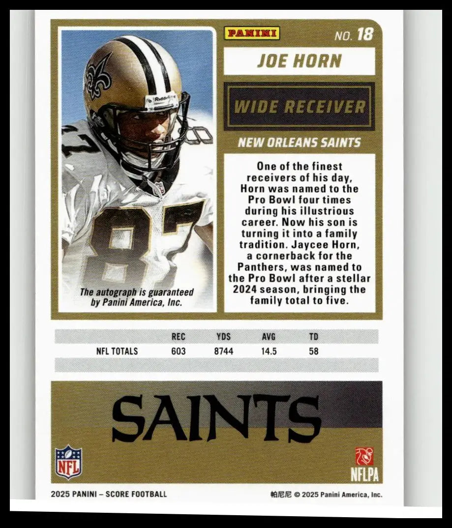Gold and black helmet with fleur-de-lis emblem worn by joe horn in 2025 score #18 joe horn base signatures red zone