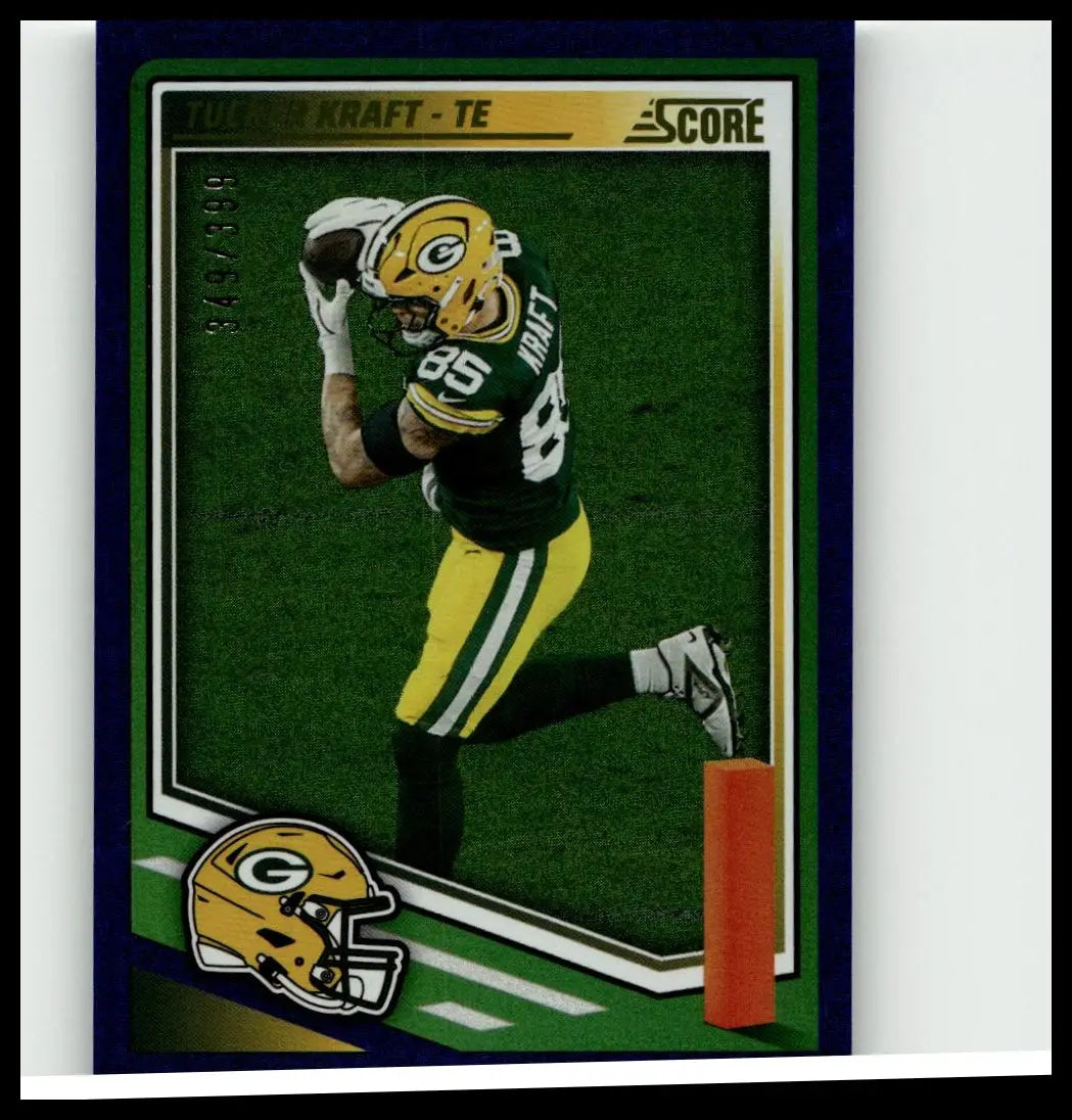 Green and yellow football trading card featuring tucker kraft in action branded score 2025 kraft dots blue #35