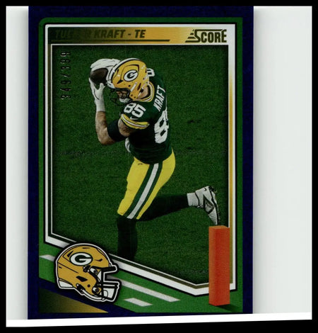Green and yellow football trading card featuring tucker kraft in action branded score 2025 kraft dots blue #35