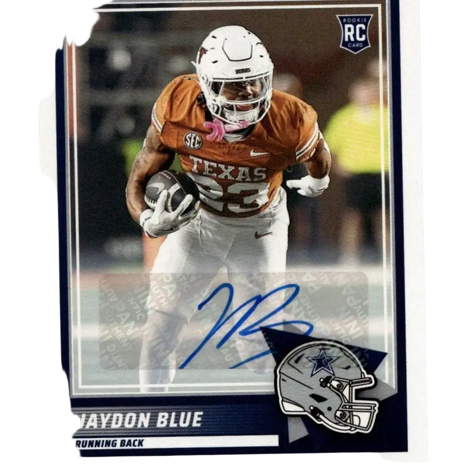 2025 score #39 jaydon blue autograph rookie card featuring the texas running back in orange and white uniform with silver helmet sticker