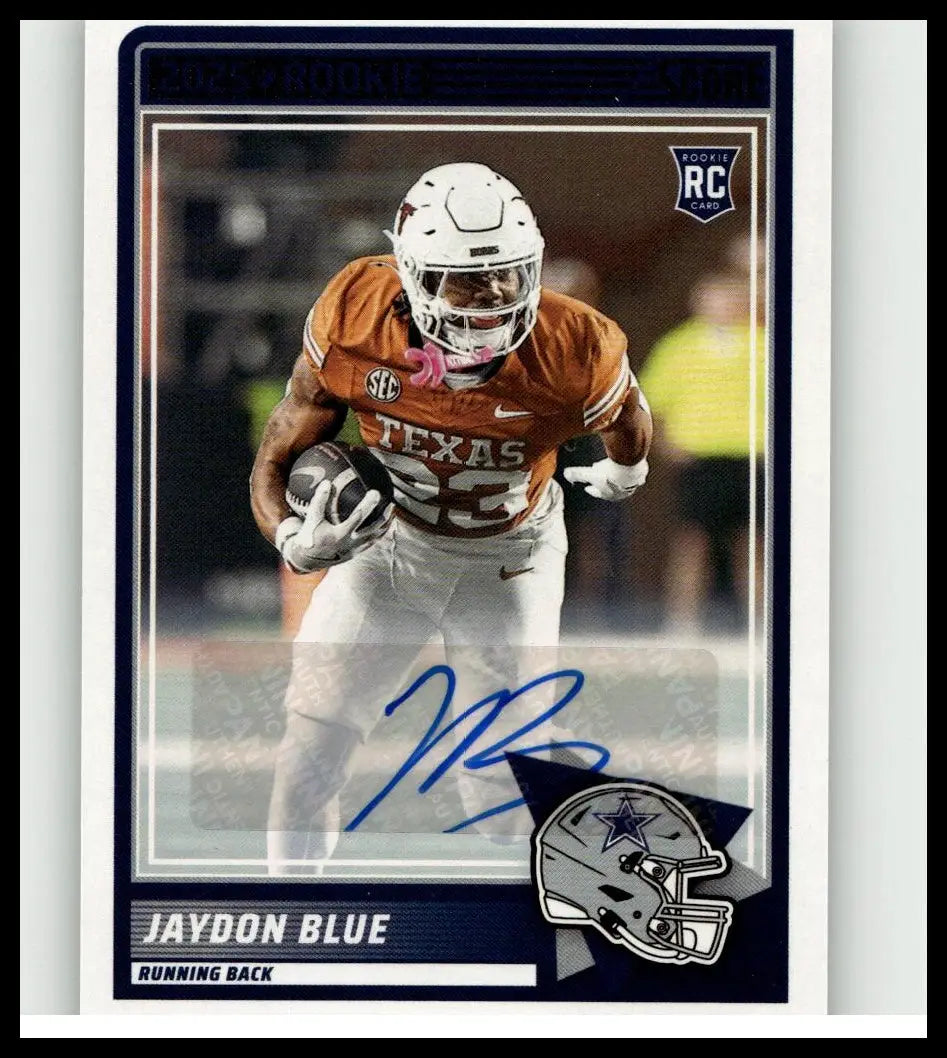 2025 score 39 jaydon blue base rookie signatures card signed featuring jaydon blue in texas longhorns uniform and dallas cowboys logo