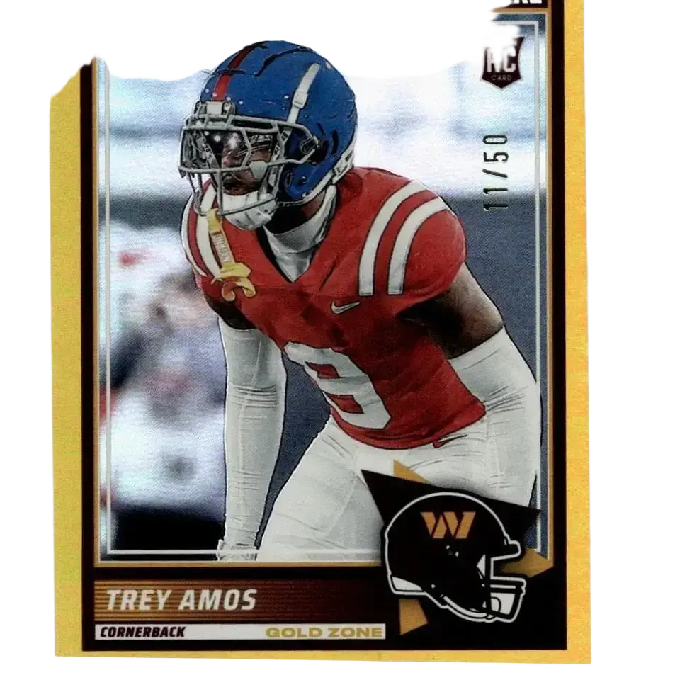 2025 score #92 trey amos gold zone trading card featuring blue red helmet and white face mask design