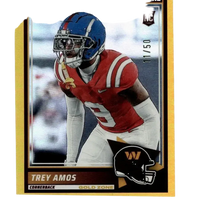 2025 score #92 trey amos gold zone trading card featuring blue red helmet and white face mask design