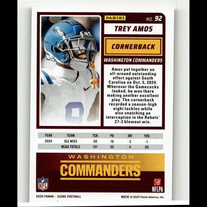 Blue and silver football helmet with white face mask worn by trey amos in 2025 score trey amos gold zone card