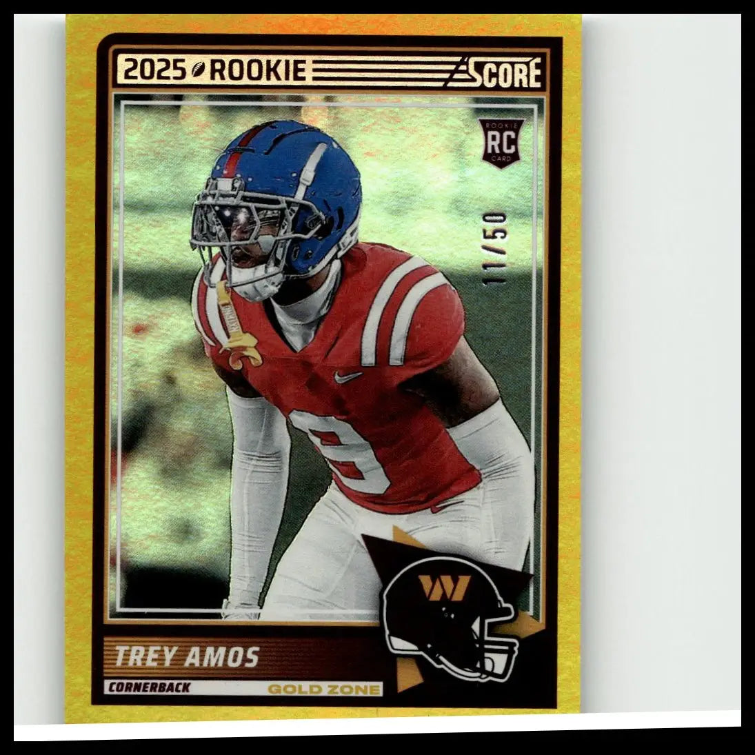 2025 score rookie football card of trey amos gold zone number 92 in red jersey and blue helmet numbered 50