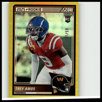 2025 score rookie football card of trey amos gold zone number 92 in red jersey and blue helmet numbered 50