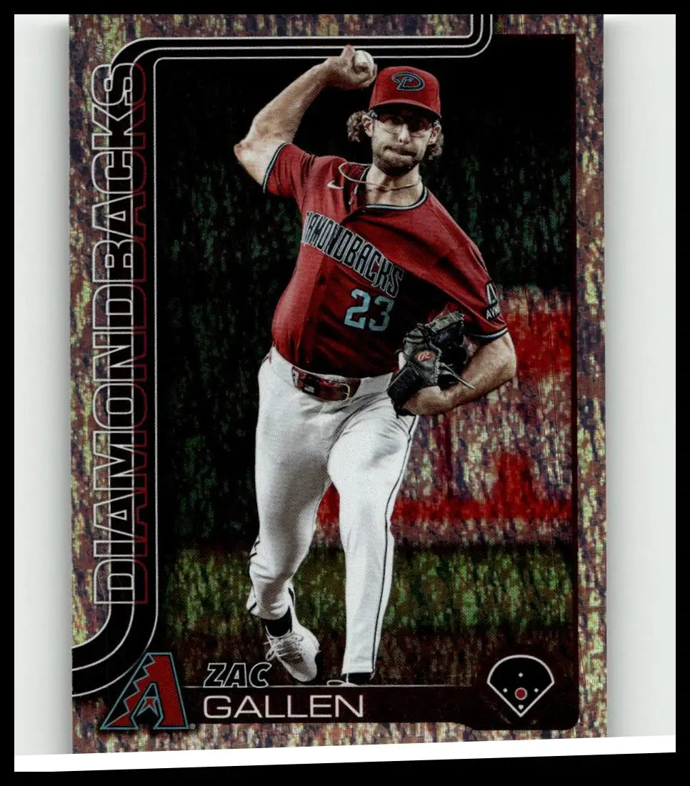Red and white arizona diamondbacks baseball card featuring zac gallen holo foil pitching in red jersey number 23