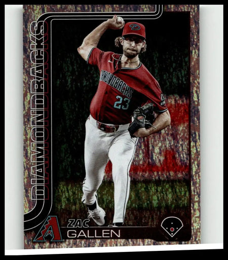 Red and white arizona diamondbacks baseball card featuring zac gallen holo foil pitching in red jersey number 23
