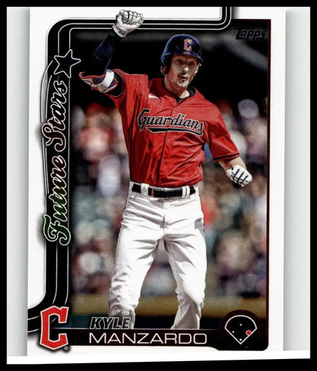 2025 Topps #557 Kyle Manzardo baseball jersey in red and white with black lettering for action and toy figures collection