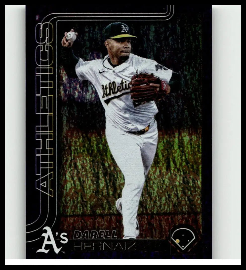 A baseball trading card of darell hernaiz in oakland athletics uniform from 2025 topps purple holo foil series