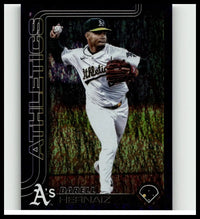 A baseball trading card of darell hernaiz in oakland athletics uniform from 2025 topps purple holo foil series