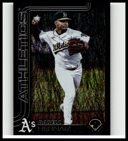 A baseball trading card of darell hernaiz in oakland athletics uniform from 2025 topps purple holo foil series