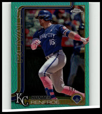 Blue and pink kansas city royals baseball trading card featuring hunter renfroe aqua refractors in action