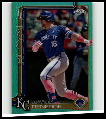 Blue and pink kansas city royals baseball trading card featuring hunter renfroe aqua refractors in action