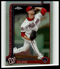 White and red washington nationals baseball card of pitcher mackenzie gore in mid-throw from 2025 topps chrome refractors