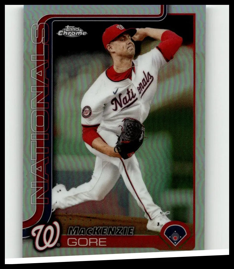 White and red washington nationals baseball card of pitcher mackenzie gore in mid-throw from 2025 topps chrome refractors