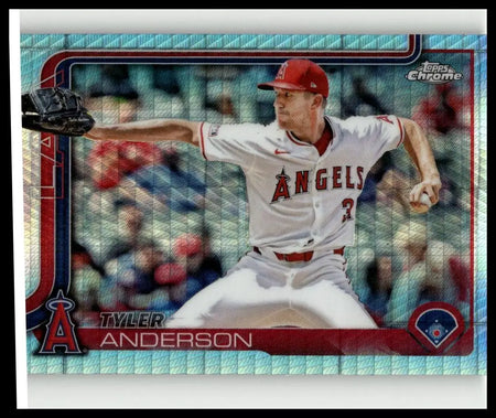 2025 Topps Chrome #227 Tyler Anderson refractors baseball card featuring Tyler Anderson pitching in white Angels uniform