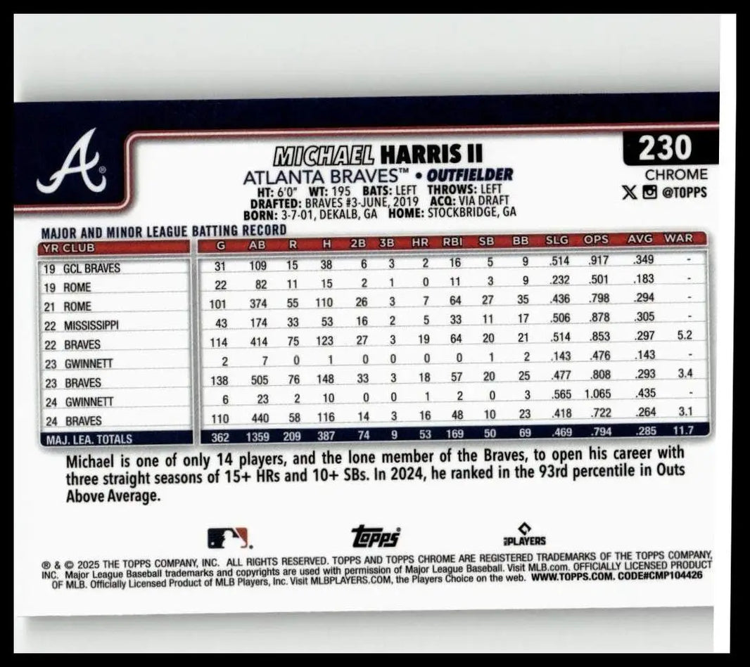 Black and white 2025 topps chrome #230 michael harris ii prism refractors baseball trading card with red stats on back