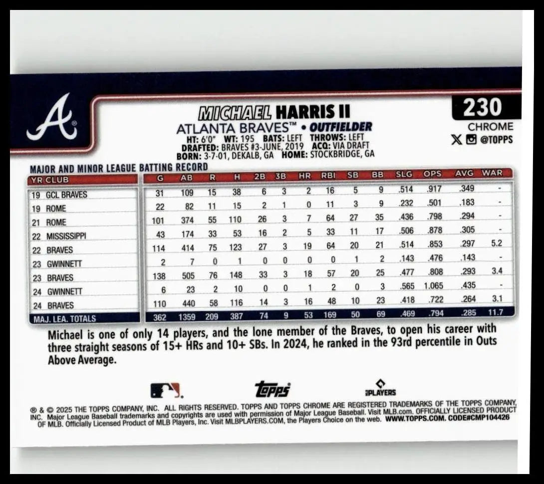 Black and white 2025 topps chrome #230 michael harris ii prism refractors baseball trading card with red stats on back