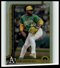 Green and yellow oakland athletics baseball card featuring pitcher luis severino in action 2025 topps chrome refractors