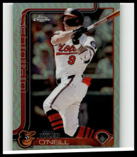 White and orange baltimore orioles topps chrome baseball card of tyler oneill mid-swing in reddened jersey and striped socks