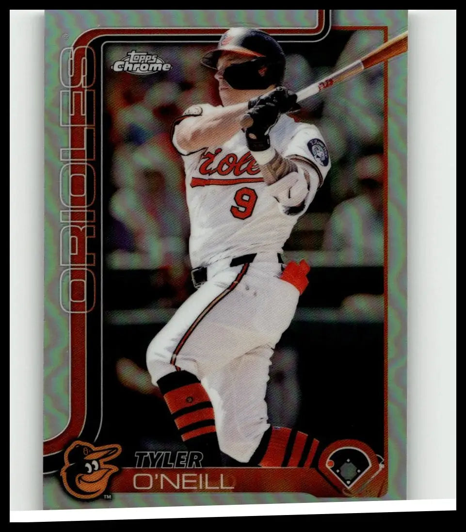 White and orange baltimore orioles topps chrome baseball card of tyler oneill mid-swing in reddened jersey and striped socks