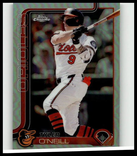White and orange baltimore orioles topps chrome baseball card of tyler oneill mid-swing in reddened jersey and striped socks