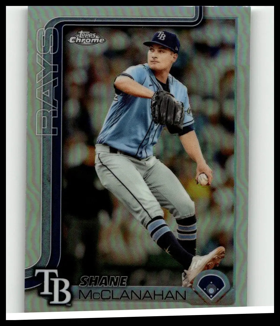 2025 Topps Chrome #298 Shane McClanahan refractors baseball card showing McClanahan mid-pitch in Tampa Bay Rays uniform
