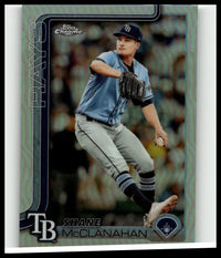 2025 Topps Chrome #298 Shane McClanahan refractors baseball card showing McClanahan mid-pitch in Tampa Bay Rays uniform