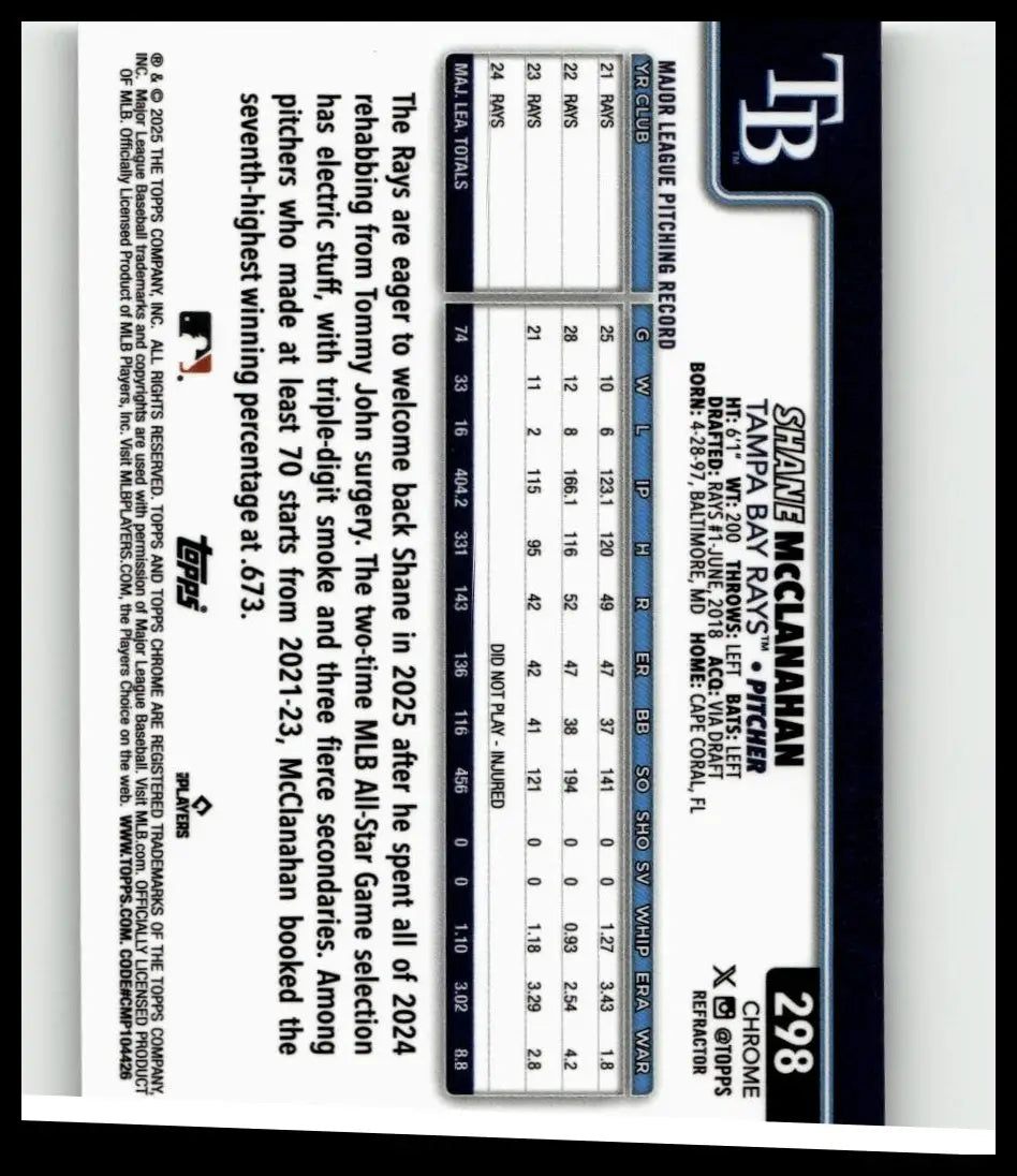 Black and white topps chrome 2025 #298 shane mcclanahan refractors baseball trading card with bold name lettering