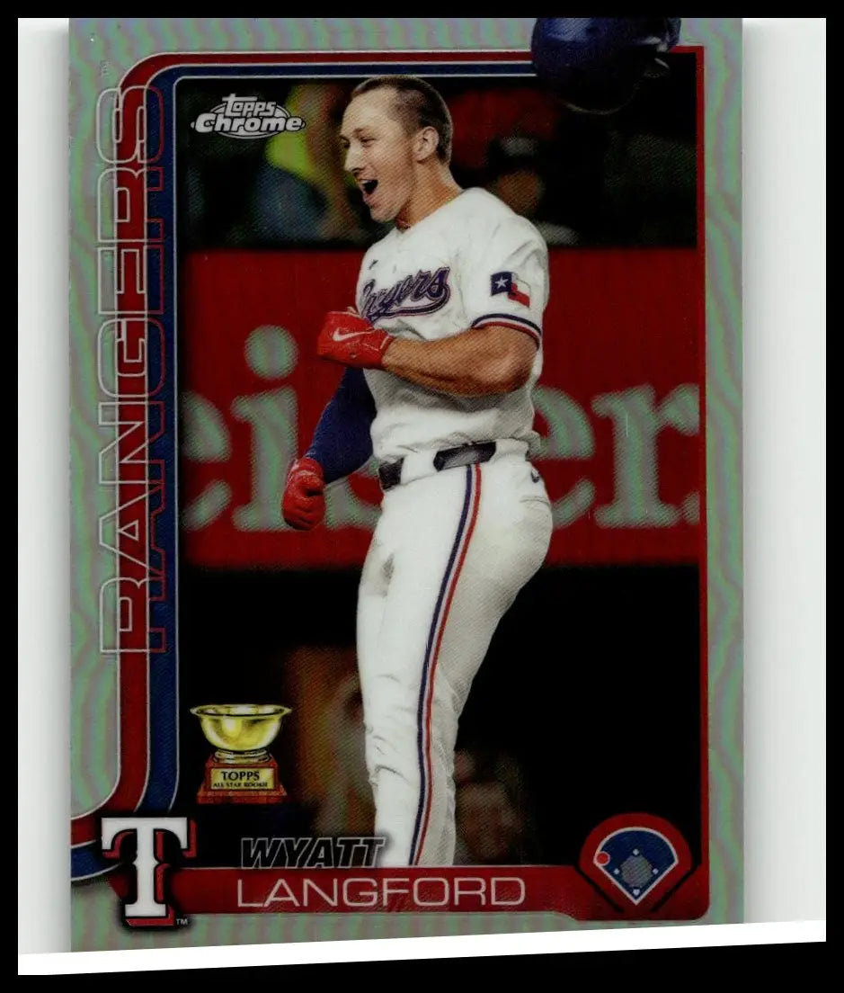 White baseball jersey with red and blue trim featuring rangers script and texas flag patch in wyatt langford prism refractors card