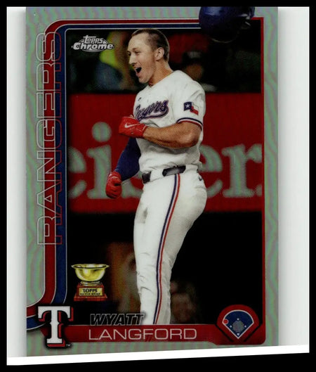White baseball jersey with red and blue trim featuring rangers script and texas flag patch in wyatt langford prism refractors card