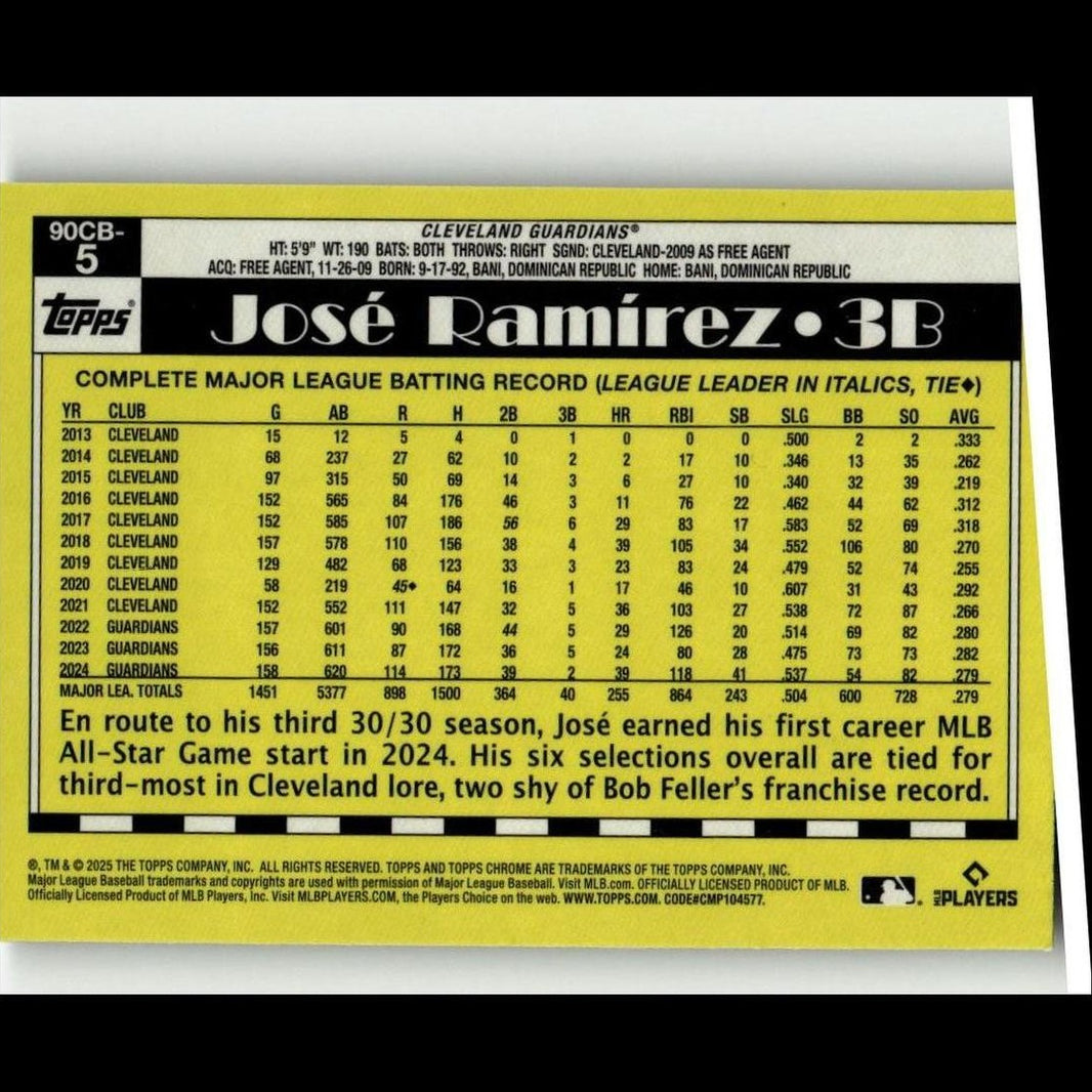 Yellow and black baseball trading card featuring josé ramírez, 3b for the cleveland guardians.