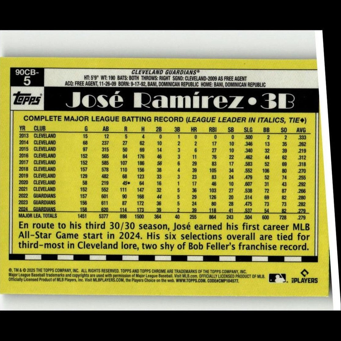 Yellow and black baseball trading card featuring josé ramírez, 3b for the cleveland guardians.